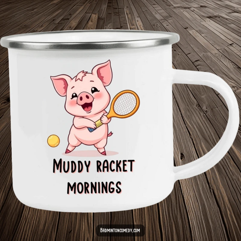 Funny Piglet Return Camping Mug: A happy piglet enthusiastically returns a shuttlecock shot, perfect for outdoor enthusiasts.