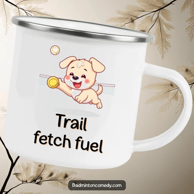 Funny camping mug showing a happy puppy character diving for a shuttlecock on a badminton court, for outdoor lovers.