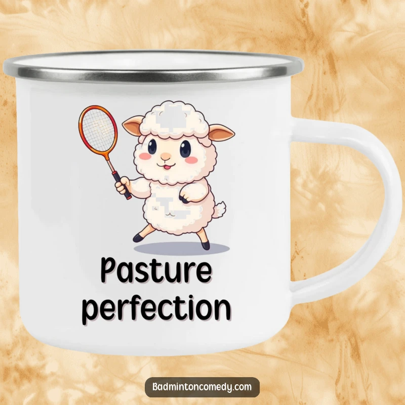 Funny determined sheep playing badminton with a shuttlecock on this durable and humorous camping mug.