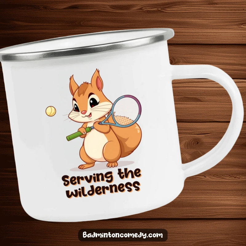 Funny Squirrel Badminton Camping Mug: A curious squirrel concentrating on its badminton serve, perfect for outdoor enjoyment.