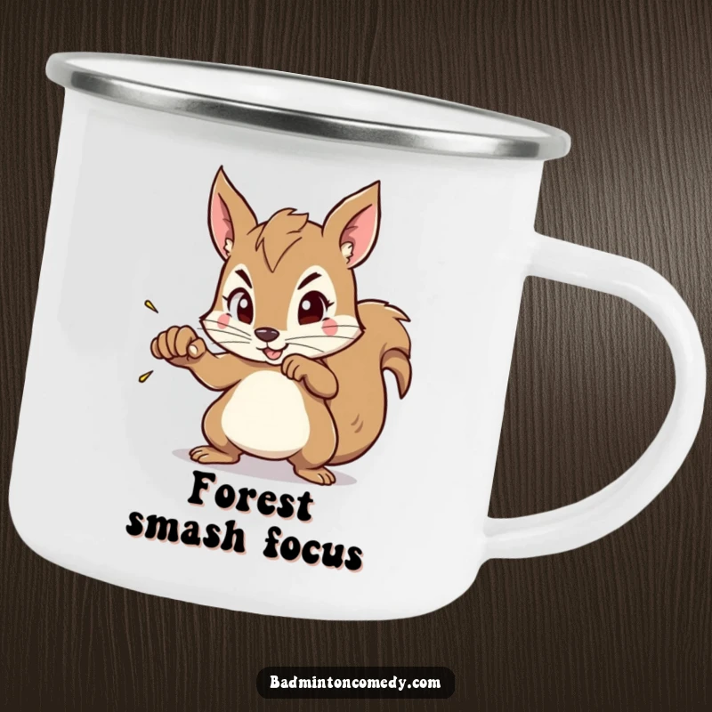 Funny Squirrel Smash Camping Mug: A squirrel with intense focus aims its racket, ready to smash, perfect for outdoor enthusiasts.