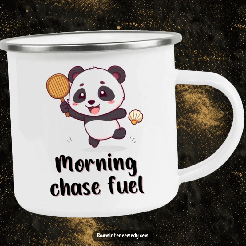 Funny panda excitedly chasing a shuttlecock with a racket, on a sturdy camping mug.