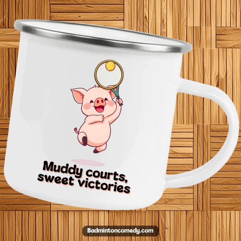 Funny Piglet Badminton Camping Mug: A gleeful piglet jumping with a badminton racket, perfect for outdoor drinks and playful moments.