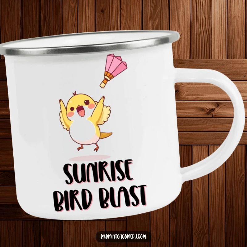 Funny camping mug showing a small bird character hitting a shuttlecock upwards, designed for outdoor enthusiasts.