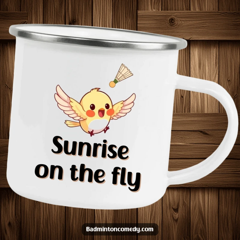 Funny tiny bird fluttering after a shuttlecock on a camping mug, ideal for outdoor whimsy.