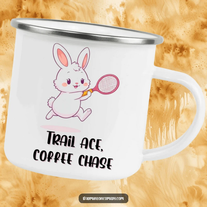 Funny bunny character playing badminton on a durable camping mug, ideal for outdoor humor, a funny gift.