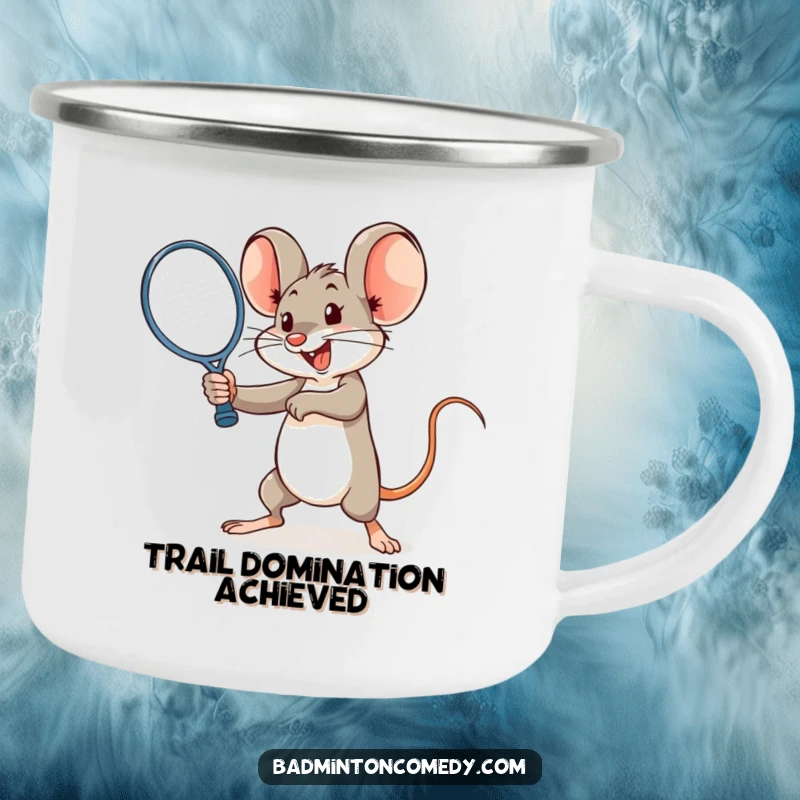Funny mouse performing a powerful badminton smash on a camping mug, ideal for outdoor energy.
