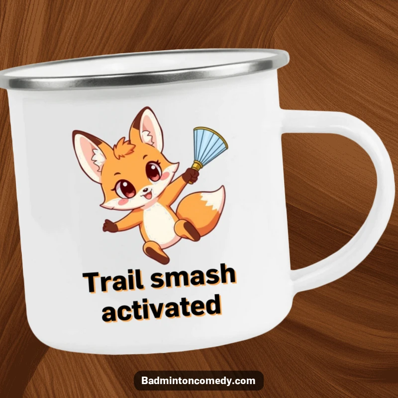 Funny Fox Smash Camping Mug: A wide-eyed fox character energetically leaps to smash a shuttlecock, perfect for outdoor enthusiasts.