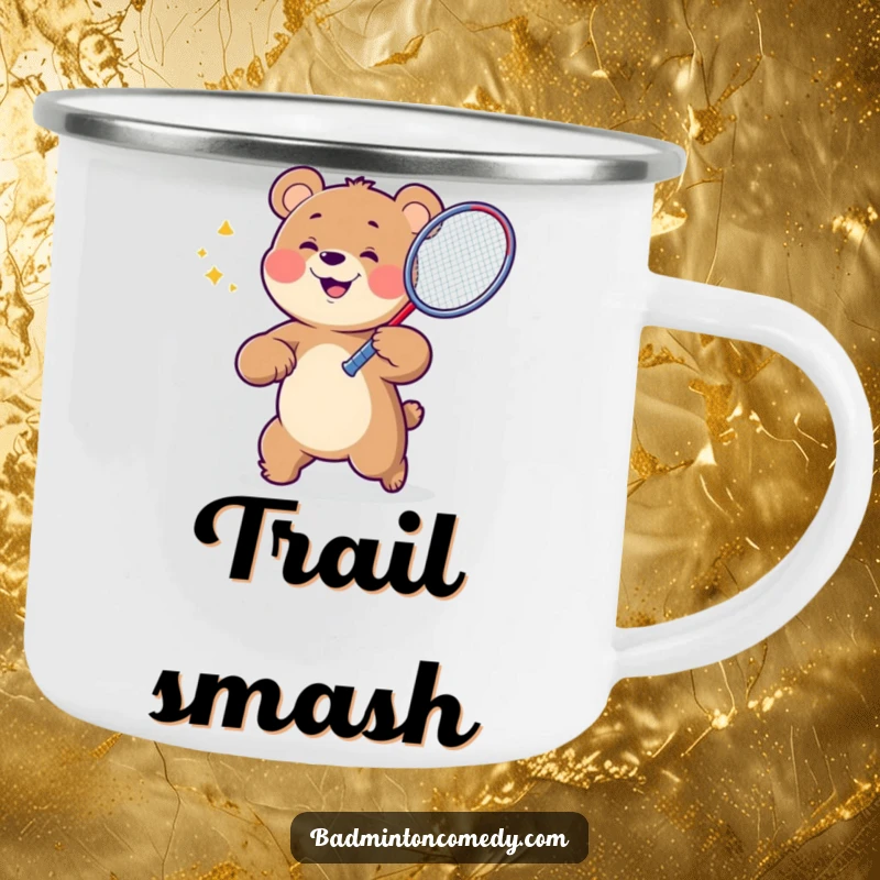 Funny Bear Badminton Camping Mug with a cheerful bear character wielding a badminton racket, ready for campfire stories.