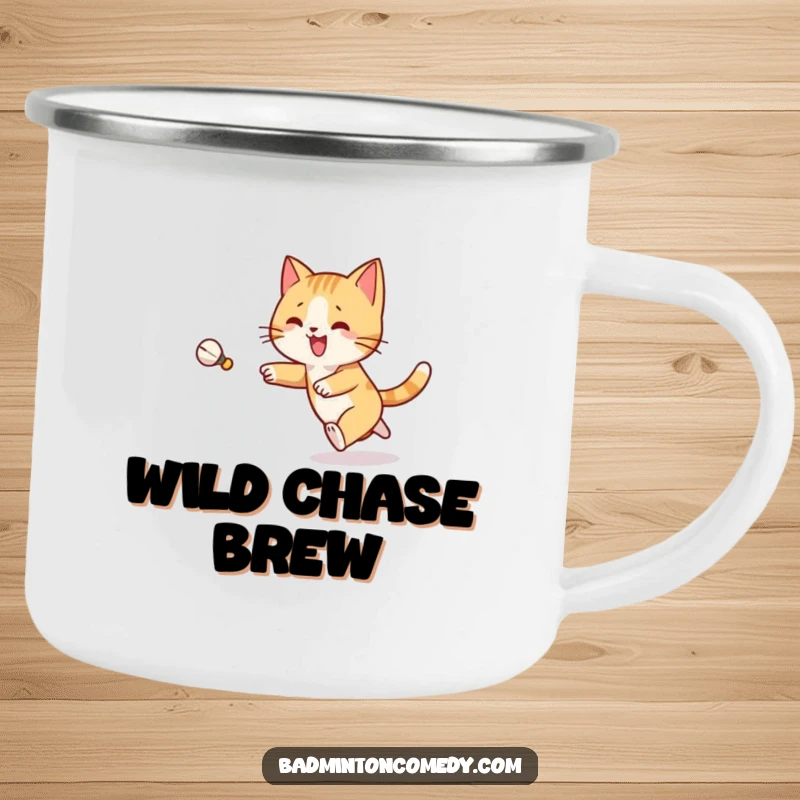 Funny Cat Badminton Camping Mug: A joyful cat character chases a shuttlecock outdoors, embodying playful adventure.