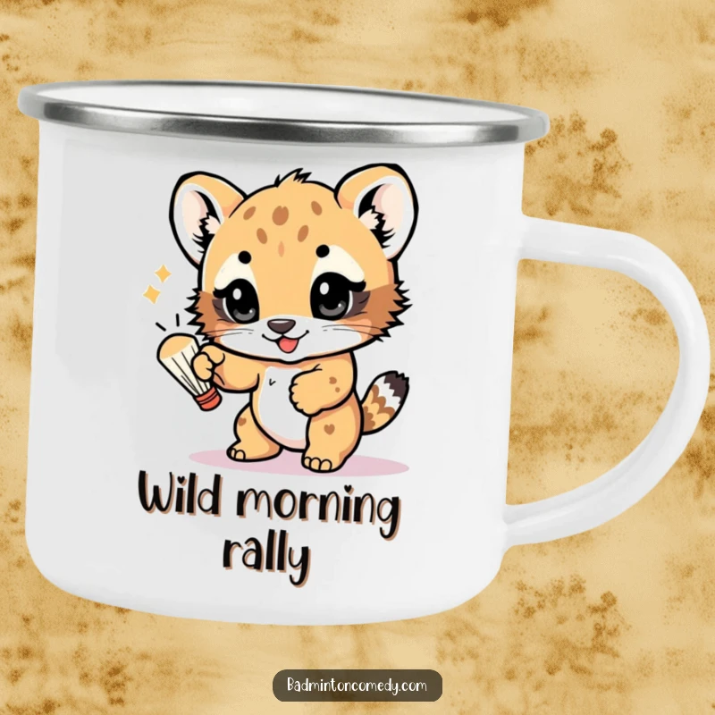 Funny camping mug showing a playful bear cub batting a shuttlecock with its paw, eyes sparkling with joy, perfect for outdoor use.