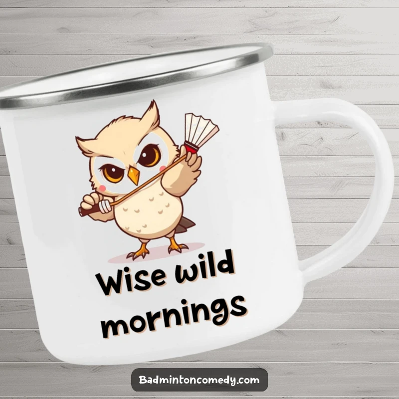 Funny Owl Badminton Camping Mug: An owl concentrating on hitting a shuttlecock, designed for rugged, humorous enjoyment outdoors.
