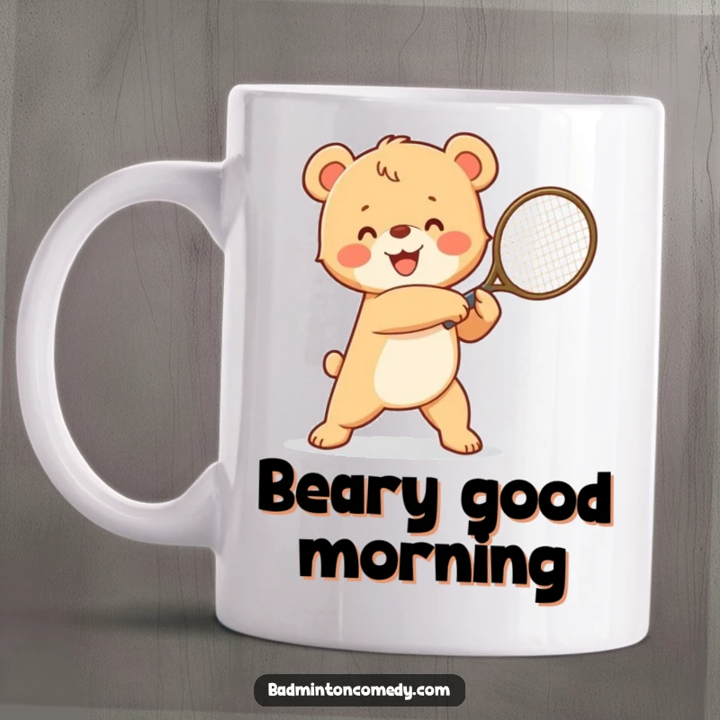 Funny happy bear cub, victoriously swinging a tennis racket, celebrating a win with a big smile, perfect gift.