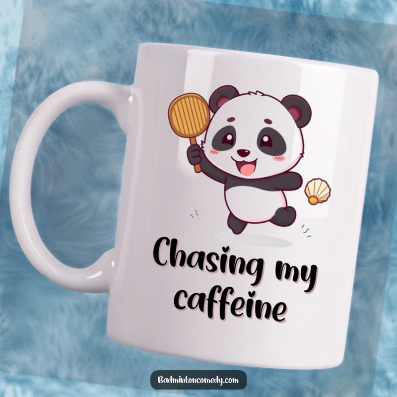 Funny, playful panda excitedly chasing a shuttlecock across a badminton court on a mug.