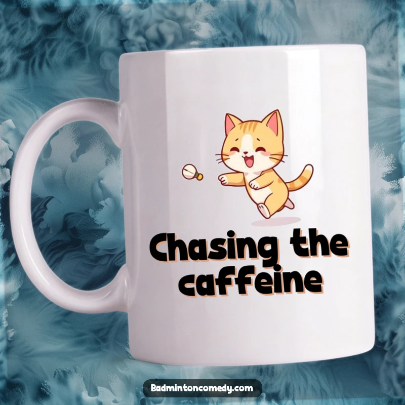 Funny Cat Badminton Mug: A charming cat character joyfully chases a shuttlecock with impressive speed across a badminton court.