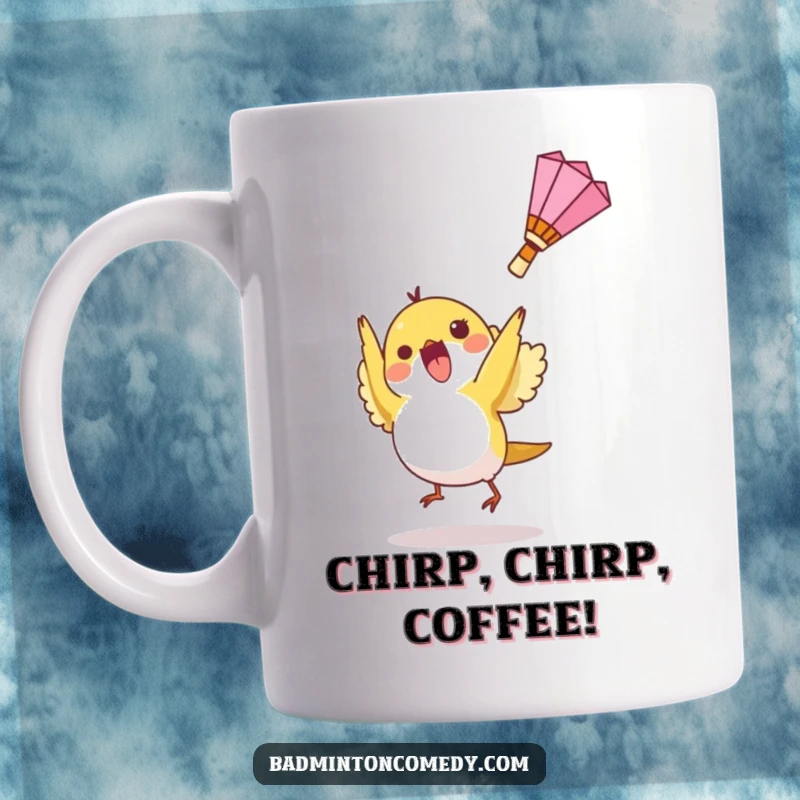 Funny mug featuring a small bird character excitedly hitting a shuttlecock upwards with its beak during a badminton game.