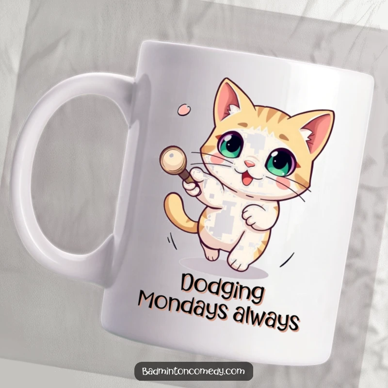 Funny mug featuring a cat with large, expressive eyes playfully dodging a fast-moving shuttlecock, conveying speed and humor.
