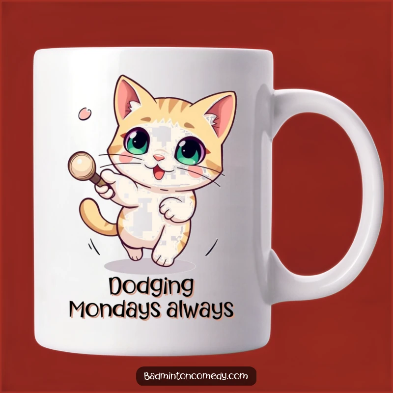 Funny Cat Dodge Mug: Big-Eyed Feline Evading Shuttlecock, Perfect Gift