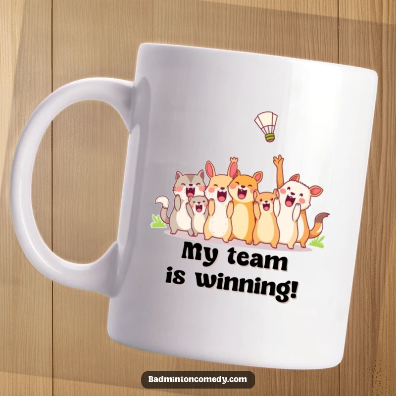 Funny Mugs: Excited animals cheering wildly as a shuttlecock zooms past, capturing pure sports enthusiasm and chaotic fun.