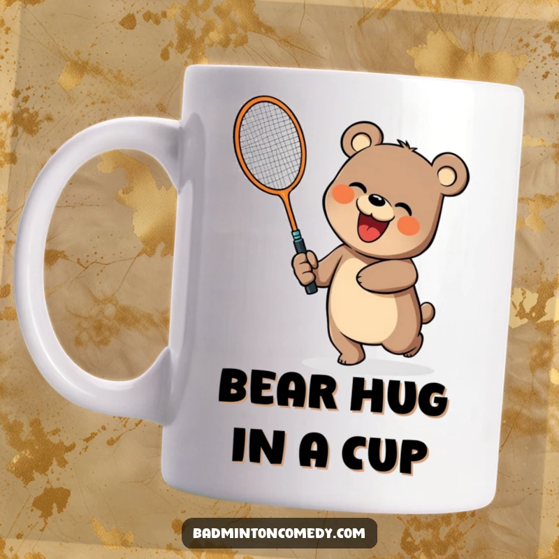 Funny cheerful bear enthusiastically swinging a large badminton racket, perfect for a funny mug gift.