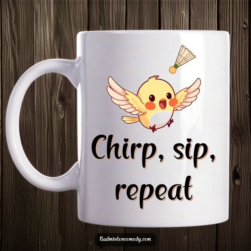 Funny tiny bird excitedly fluttering to catch a shuttlecock on a mug, showing speed and joy.