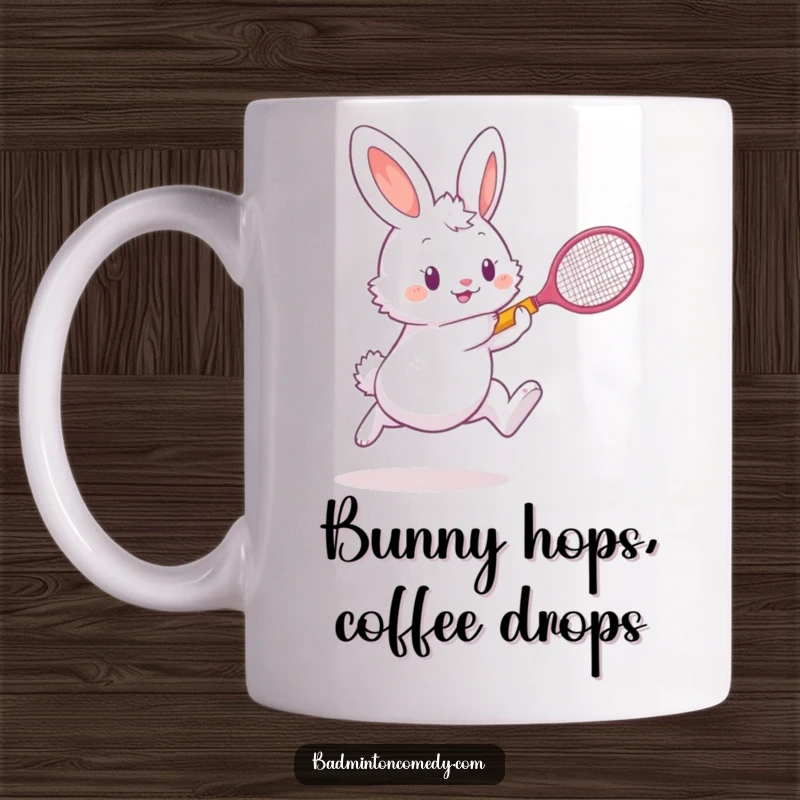 Funny bunny leaping mid-air with a tiny racket, hitting a shuttlecock, perfect for a funny mug gift.