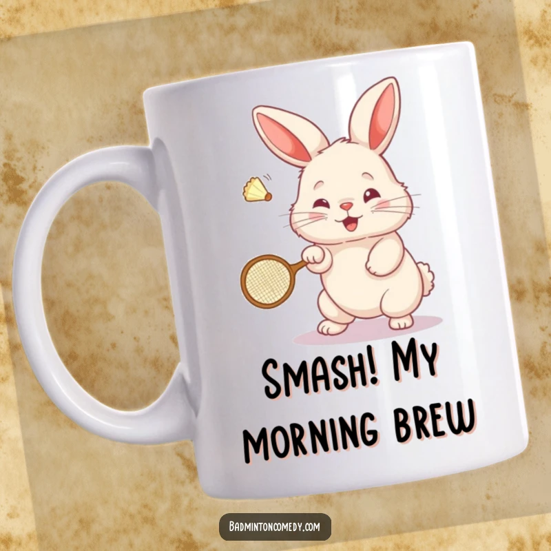 Funny Bunny Badminton Mug: A fluffy rabbit joyfully hits a shuttlecock with a tiny racket, bringing smiles and laughter.