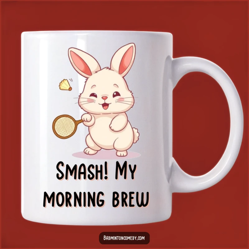 Funny Bunny Badminton Mug: Adorable Fluffy Rabbit Smashing Shuttlecock - Perfect Gift!