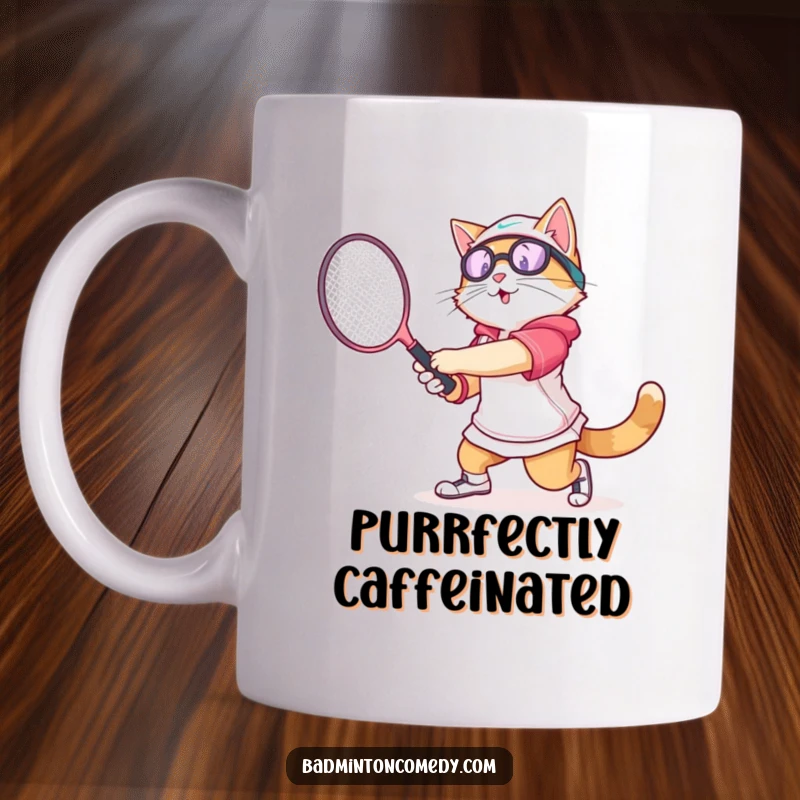 Funny cat wearing athletic gear, swinging a badminton racket with great enthusiasm and a determined expression.