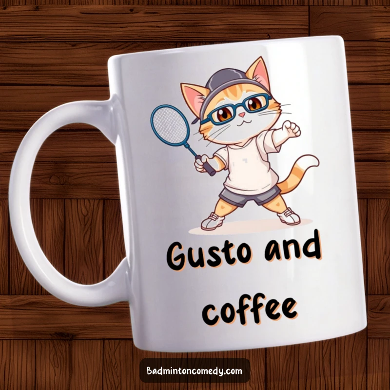 Funny cat in athletic gear humorously swinging a badminton racket with great enthusiasm on a mug.