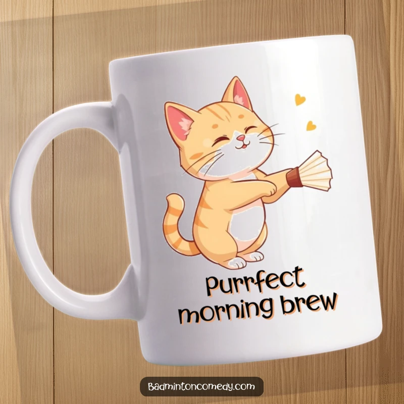 Funny cat gracefully striking a shuttlecock with a playful wink on this humorous badminton mug.