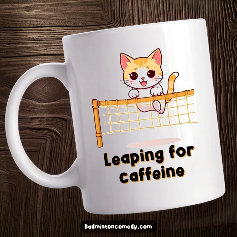 Funny mug featuring a determined cat character leaping gracefully over a net with impressive agility and athletic prowess.