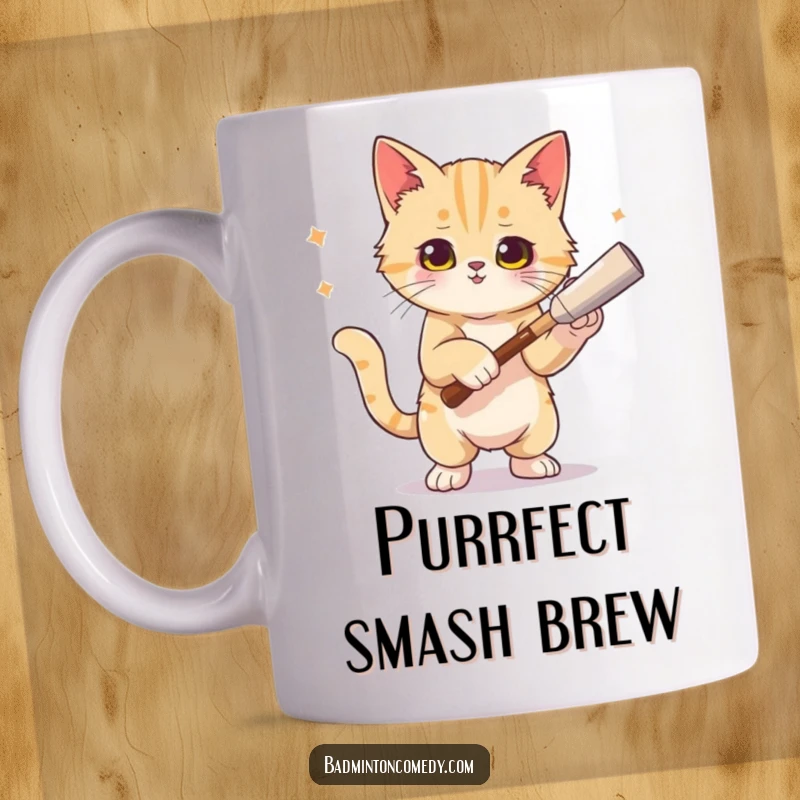 Funny cat mug showing a cool cat artistically posing after a successful tennis smash with a triumphant smirk.