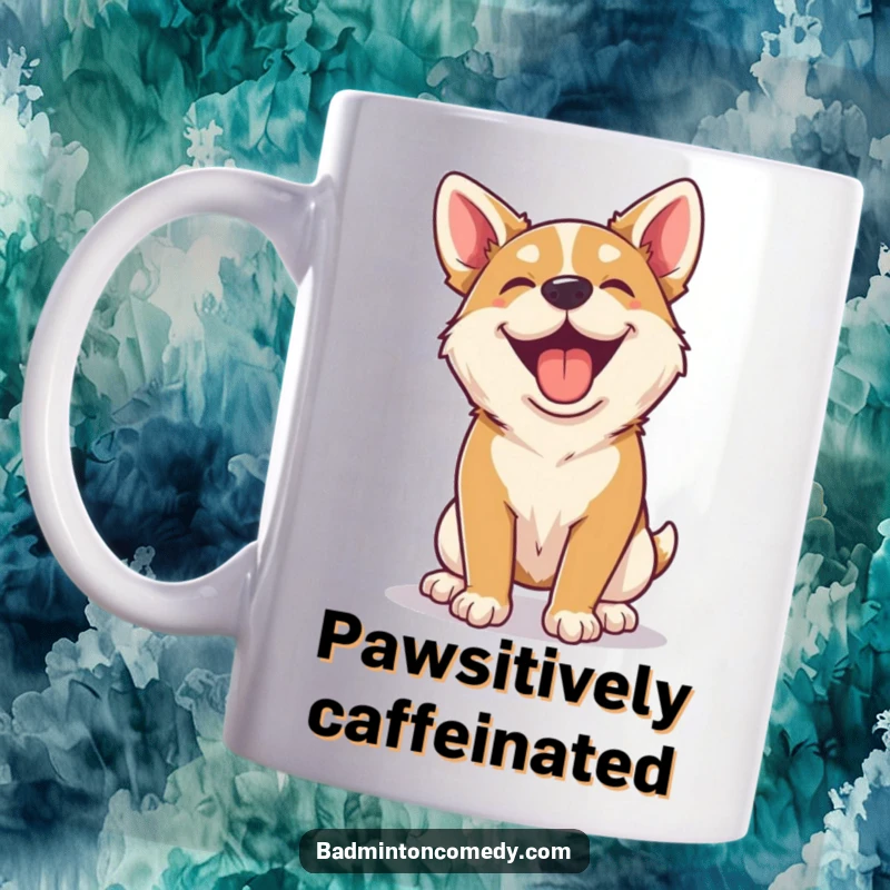 Funny happy dog panting contentedly after a badminton rally on a mug, showing post-game bliss.