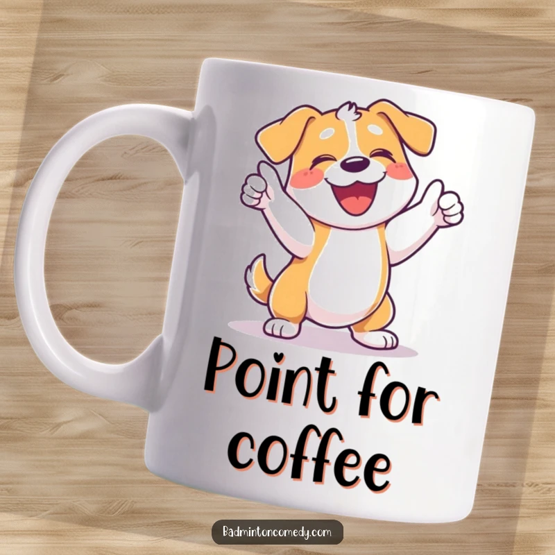 Funny dog mug showing a happy dog barking joyfully and swinging its tennis racket after winning a point.