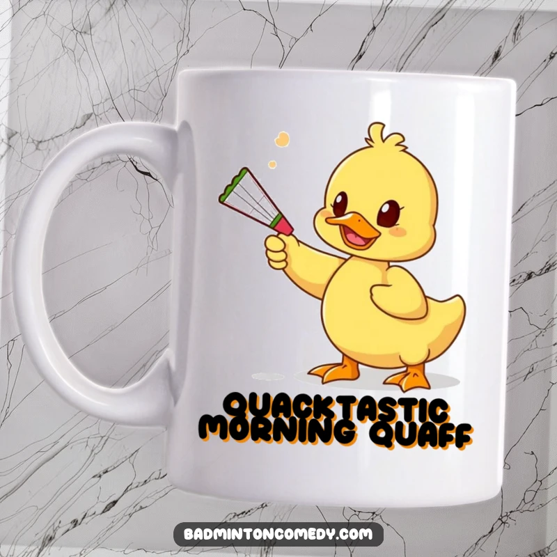 Funny Duck Toy Mug: A playful duck character uses a squeaky toy to bat a shuttlecock, showcasing unique and humorous gameplay.