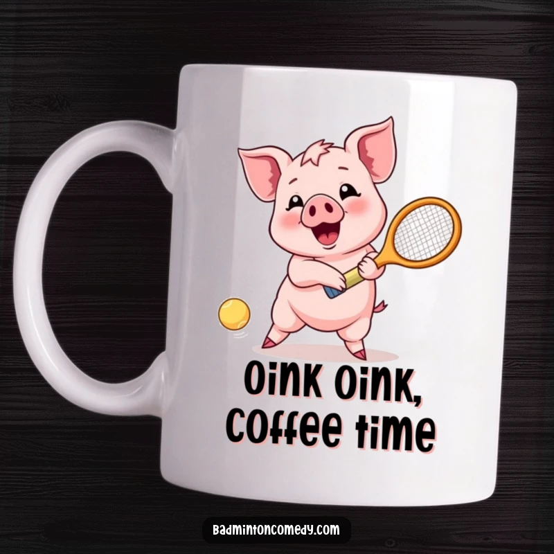 Funny Happy Piglet Mug: A cheerful piglet joyfully swings its racket, enthusiastically returning a shuttlecock shot with a big smile.