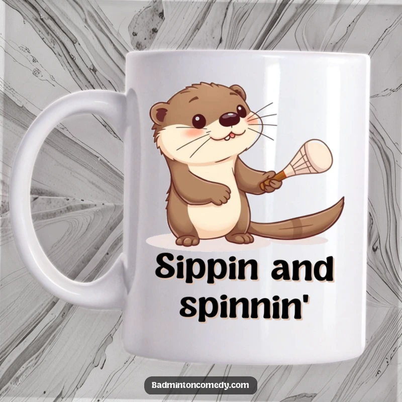 Funny otter mug, a curious aquatic mammal batting a shuttlecock with a tiny racket, showing playful concentration and adorable effort.