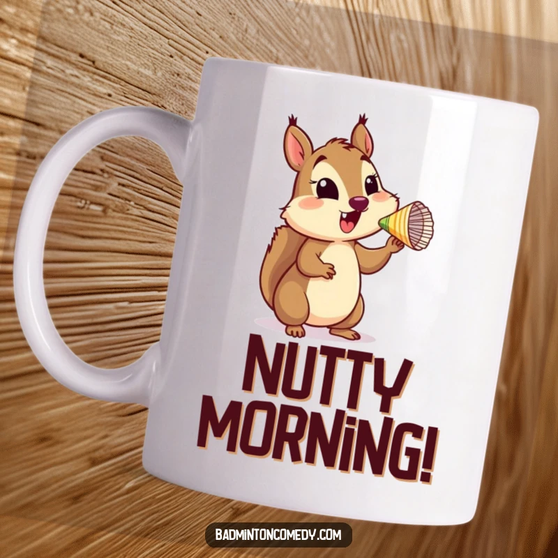 Funny Squirrel Shuttlecock Mug featuring a happy squirrel character expertly balancing a shuttlecock on its nose with concentration.