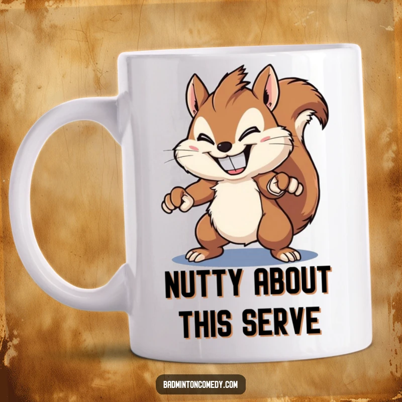 Funny squirrel mug, a fluffy rodent with a wide, excited grin, powerfully smashing a shuttlecock with a badminton racket, full of comedic energy.