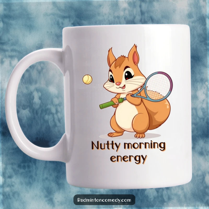 Funny Squirrel Badminton Mug: A curious squirrel with a concentration face practicing its badminton serve, dedicated and funny.