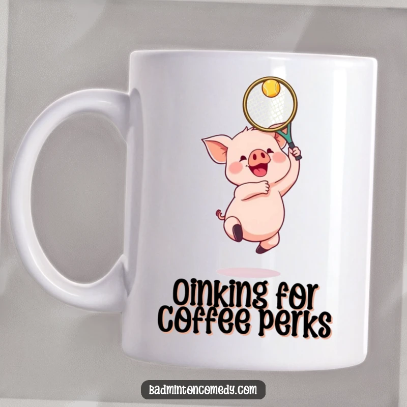 Funny Piglet Badminton Mug: A gleeful piglet jumping high to return a shot with its racket in a humorous sports scene.