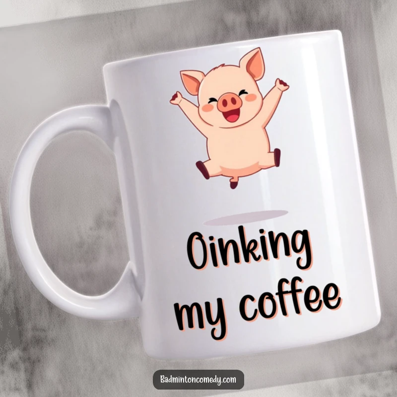 Funny Pig Basketball Mug: A happy pig performing a dramatic mid-air jump shot in a basketball game, full of energy.