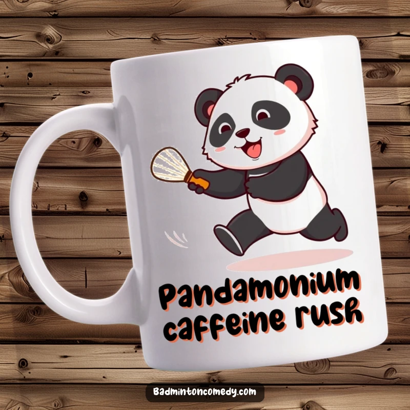 Funny cartoon panda excitedly chasing a shuttlecock across a badminton court, full of energy and joy.