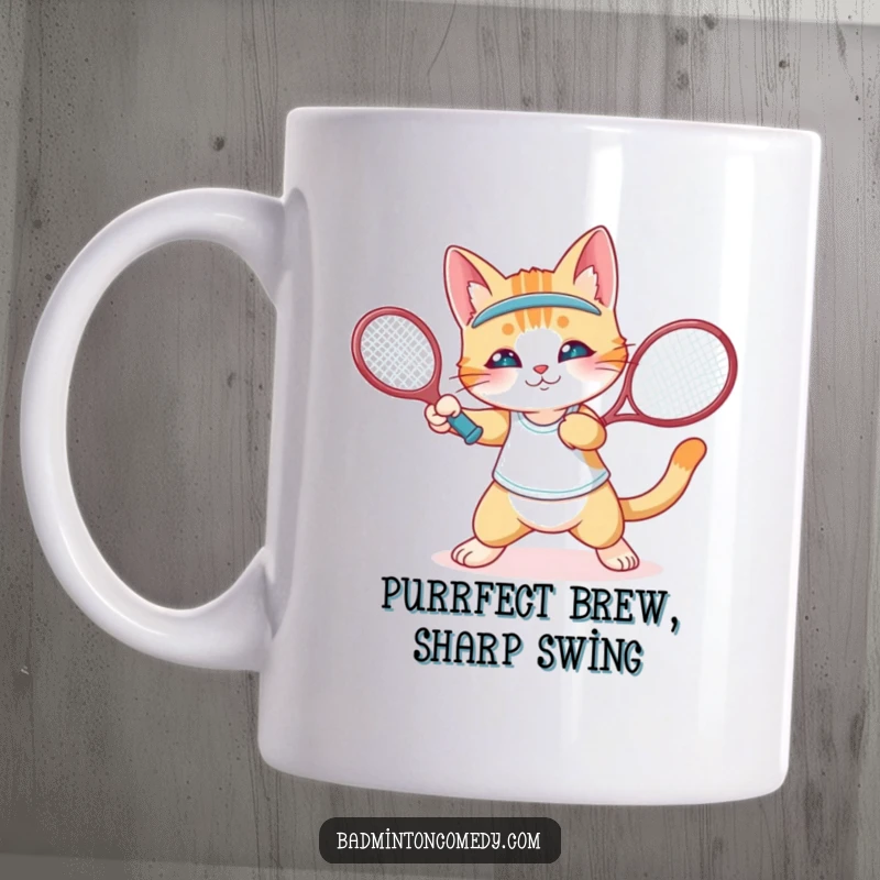 Funny cat character with a precise flick of the wrist, playing badminton, perfect for a funny mug gift.