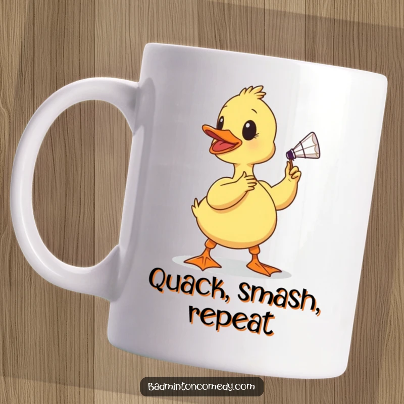 Funny duckling mug, a determined baby bird swinging its beak like a racket to hit a shuttlecock with intense focus and a comical expression.