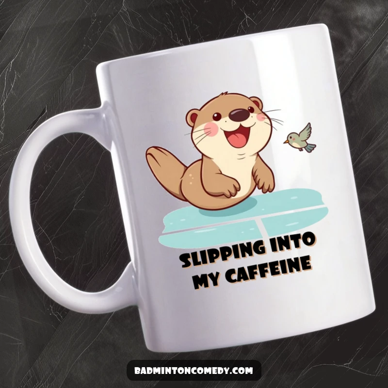 Funny Otter Badminton Mug: A smiling otter in motion, sliding on a court to expertly return a birdie, showcasing playful sportsmanship.