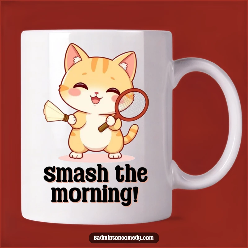 Funny Cat Badminton Mug: Happy Kitty Serving Shuttlecock Fun, Perfect Gift