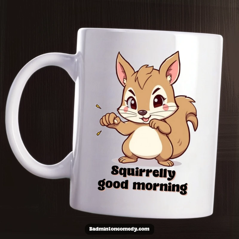 Funny Squirrel Smash Mug: A determined squirrel with narrowed eyes intensely aims its racket, preparing for a powerful shuttlecock smash.