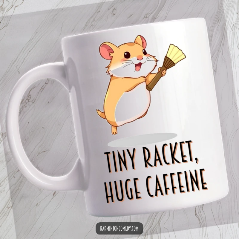 Funny Hamster Badminton Mug: A determined hamster leaping to hit a shuttlecock with a tiny racket in a comical sports scene.